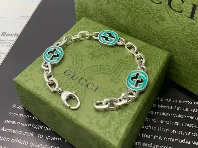 Gucci GG Marmont Silver Blue Chunky Link Chain Enamel Medallions Bracelet 4