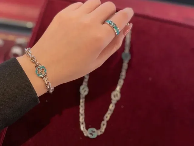 Gucci GG Marmont Silver Blue Chunky Link Chain Enamel Medallions Bracelet 5