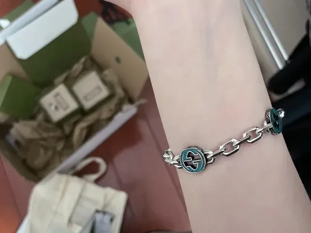 Gucci GG Marmont Silver Blue Chunky Link Chain Enamel Medallions Bracelet 6