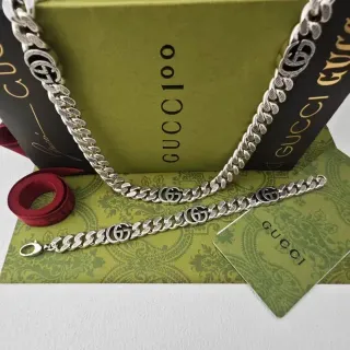 Gucci GG Marmont Silver Green Curb-Link Chain Interlocking G Logo Motif Bracelet