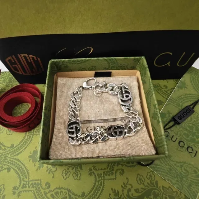 Gucci GG Marmont Silver Green Curb-Link Chain Interlocking G Logo Motif Bracelet 2