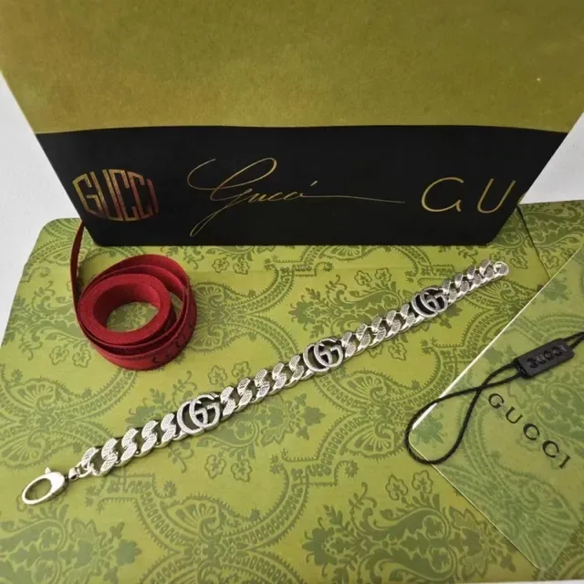 Gucci GG Marmont Silver Green Curb-Link Chain Interlocking G Logo Motif Bracelet 4