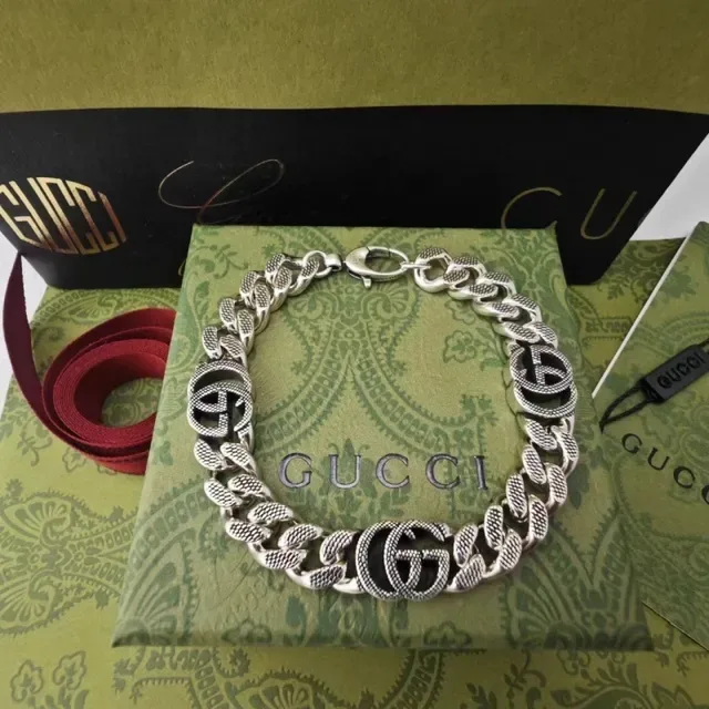 Gucci GG Marmont Silver Green Curb-Link Chain Interlocking G Logo Motif Bracelet 5