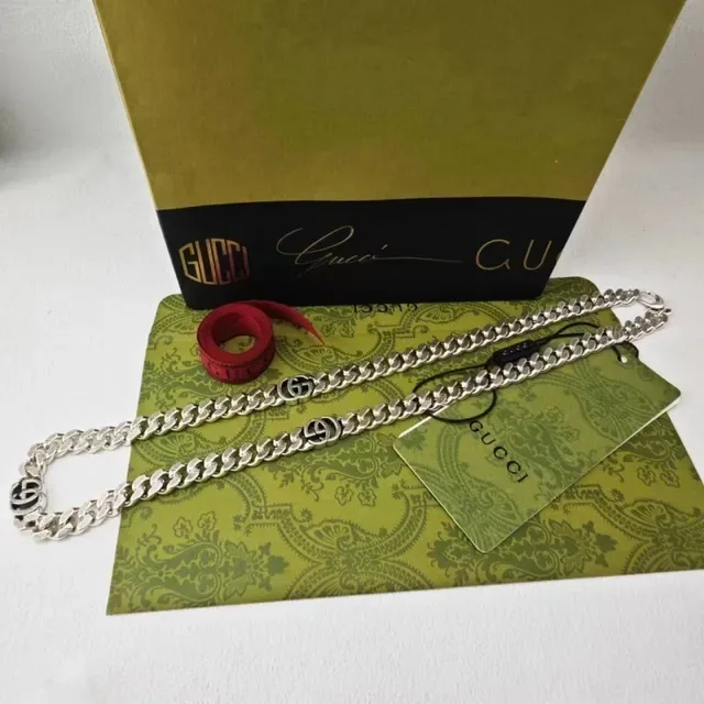 Gucci GG Marmont Silver Green Curb-Link Chain Interlocking G Logo Motif Bracelet 6