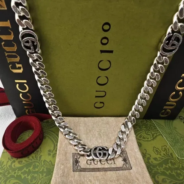 Gucci GG Marmont Silver Green Curb-Link Chain Interlocking G Logo Motif Bracelet 7