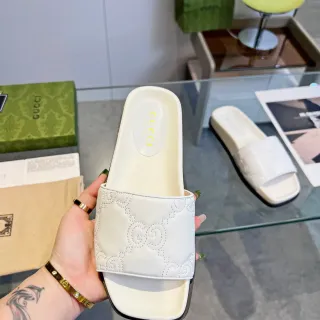 Gucci GG Marmont Slide White Black Monogram Embossed Leather Flat Slippers