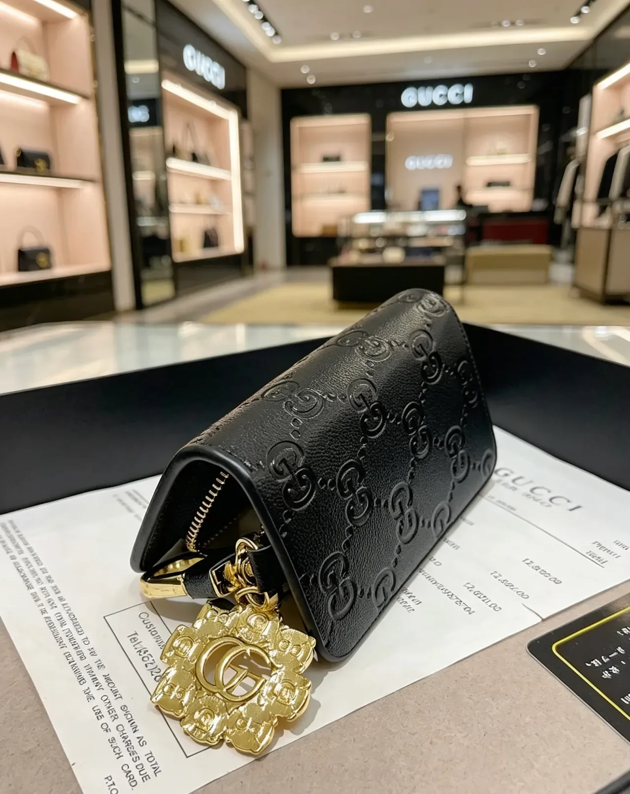 Gucci GG Monogram Black Gold Embossed Hardware Card Holder 2