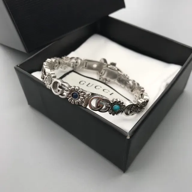 Gucci Gold Blue Metal Interlocking G Logo Bracelet 2