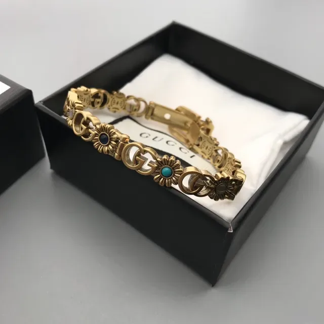Gucci Gold Blue Metal Interlocking G Logo Bracelet 3