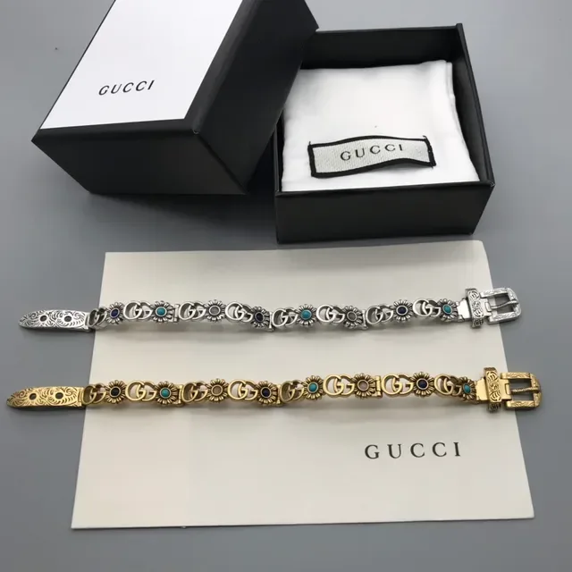 Gucci Gold Blue Metal Interlocking G Logo Bracelet 4