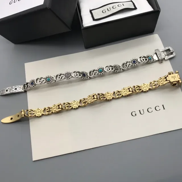Gucci Gold Blue Metal Interlocking G Logo Bracelet 5