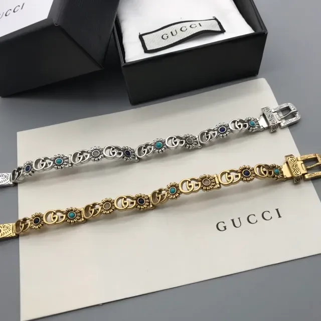 Gucci Gold Blue Metal Interlocking G Logo Bracelet 6