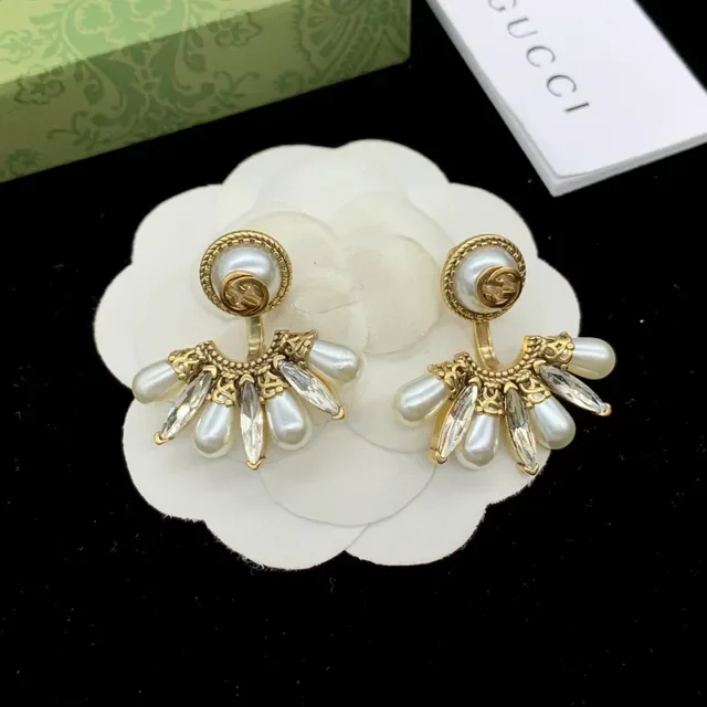 Gucci Gold-Tone Pearl and Crystal Fan Drop Earrings 4