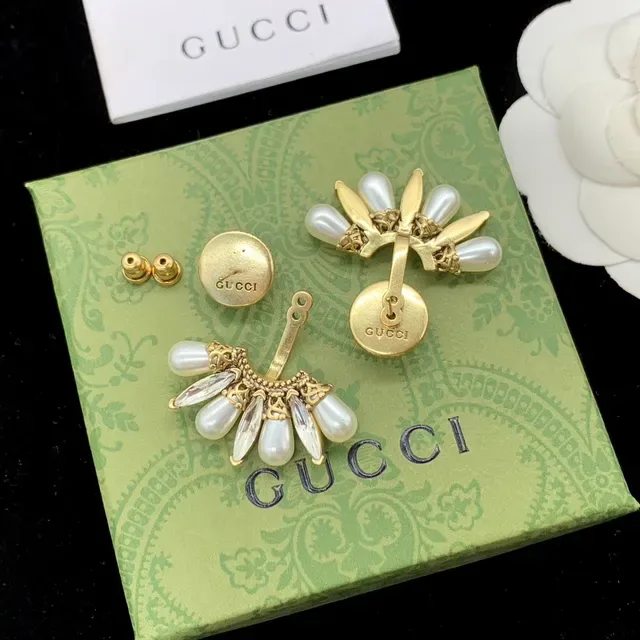 Gucci Gold-Tone Pearl and Crystal Fan Drop Earrings 6