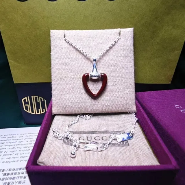 Gucci Heart Red Silver Silhouette Enamel Finish Necklace 3