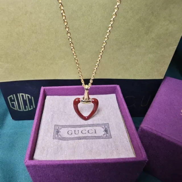 Gucci Heart Red Silver Silhouette Enamel Finish Necklace 4