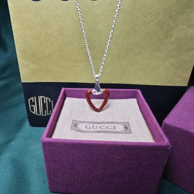 Gucci Heart Red Silver Silhouette Enamel Finish Necklace 5
