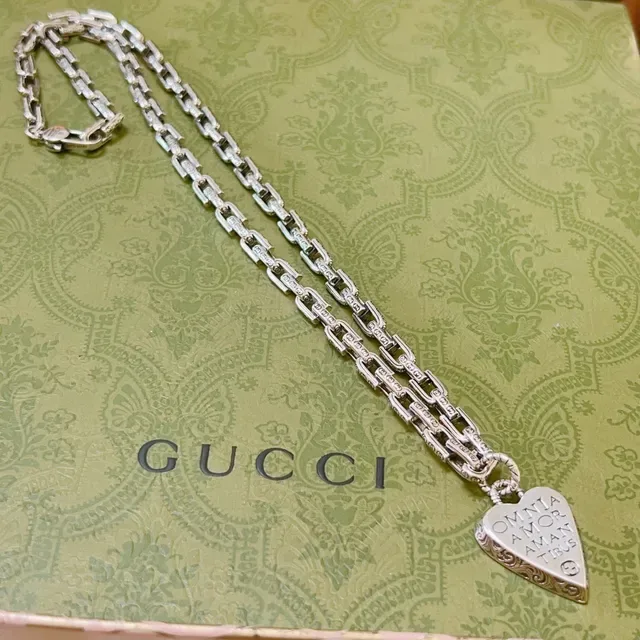 Gucci Heart فضة أخضر سلسلة ثقيلة منقوش interlocking G motifs قلادة 3