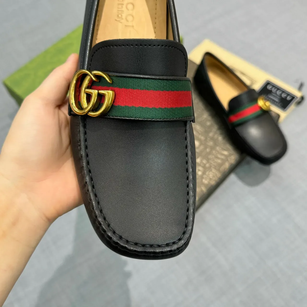 Gucci Horsebit 1955 काला चमड़ा Web Stripe लोफर्स 4