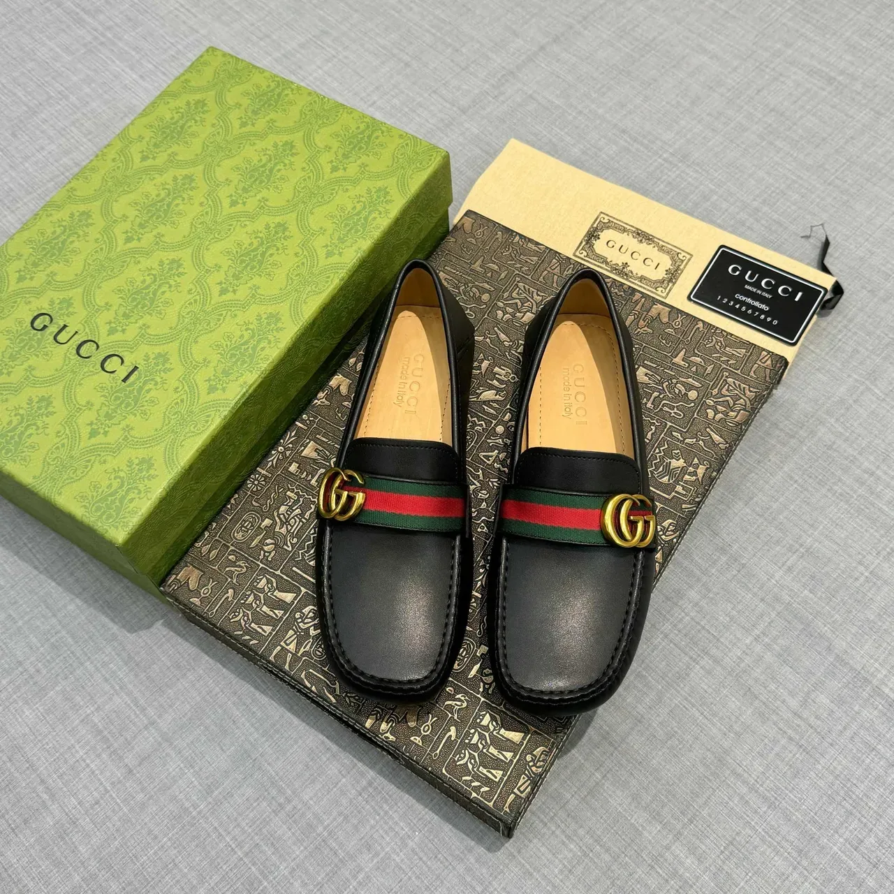 Gucci Horsebit 1955 काला चमड़ा Web Stripe लोफर्स 6