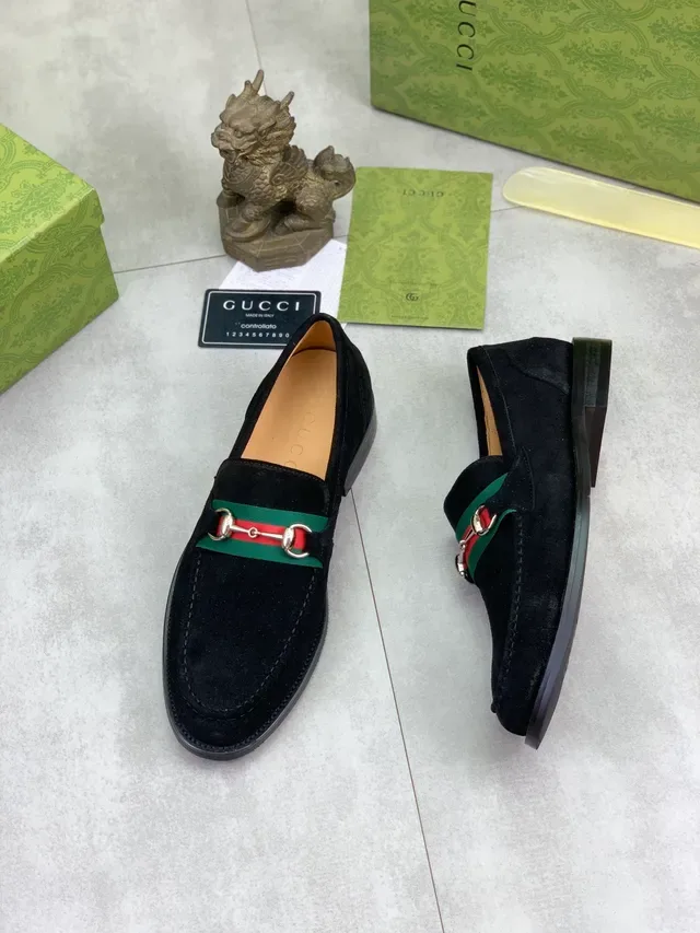 Gucci Horsebit 1955 Black Suede Web Strap Loafers 5