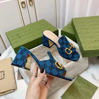 Gucci Horsebit 1955 Blue GG Monogram Canvas Gold Horsebit Mule Casual Sandals