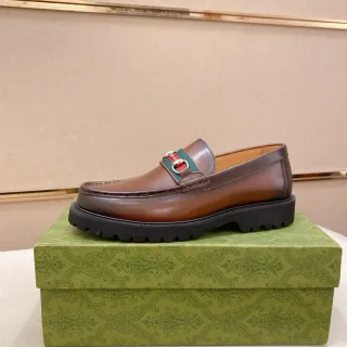 Gucci Horsebit 1955 भूरा काला पॉलिश्ड चमड़ा वेब स्ट्राइप एकसेंट लोफर