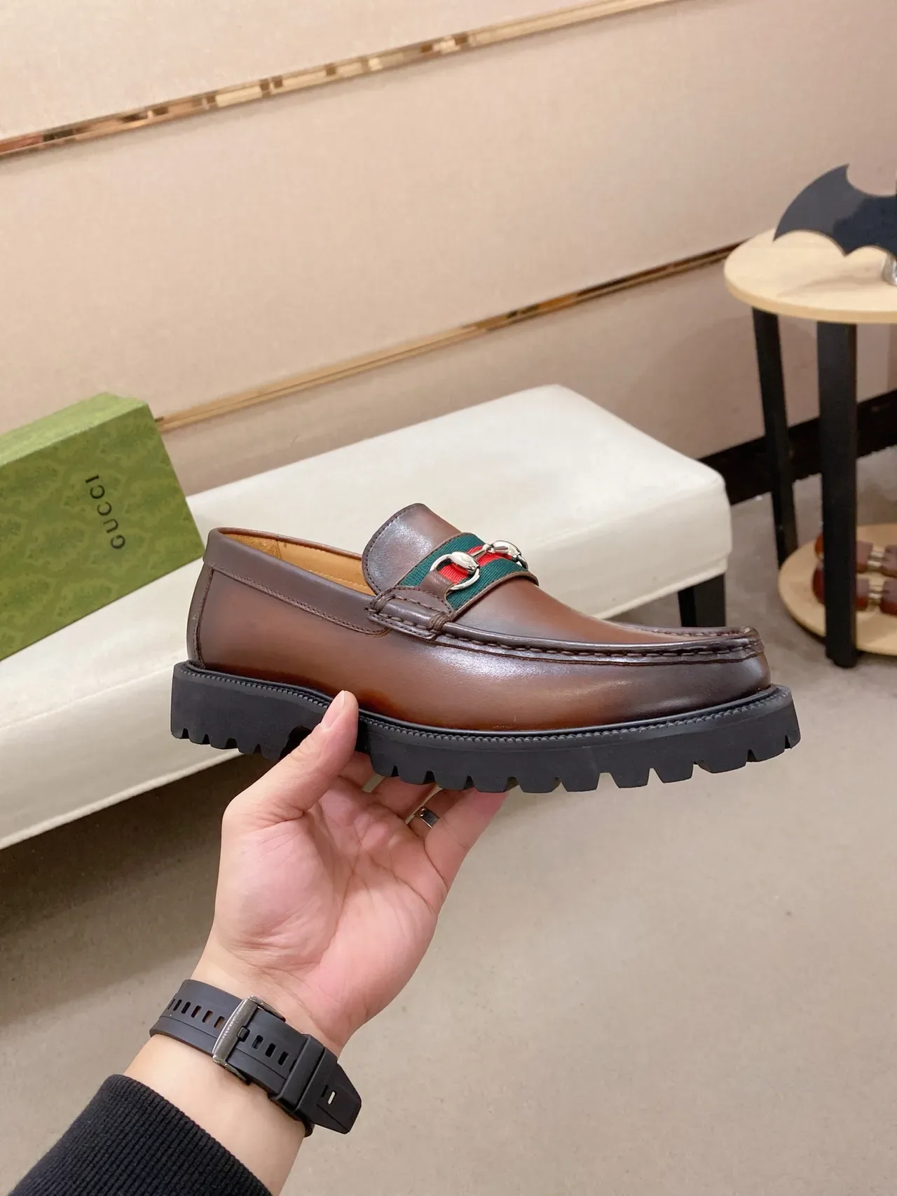 Gucci Horsebit 1955 Brown Black Polished Leather Web Stripe Accent Loafer 4