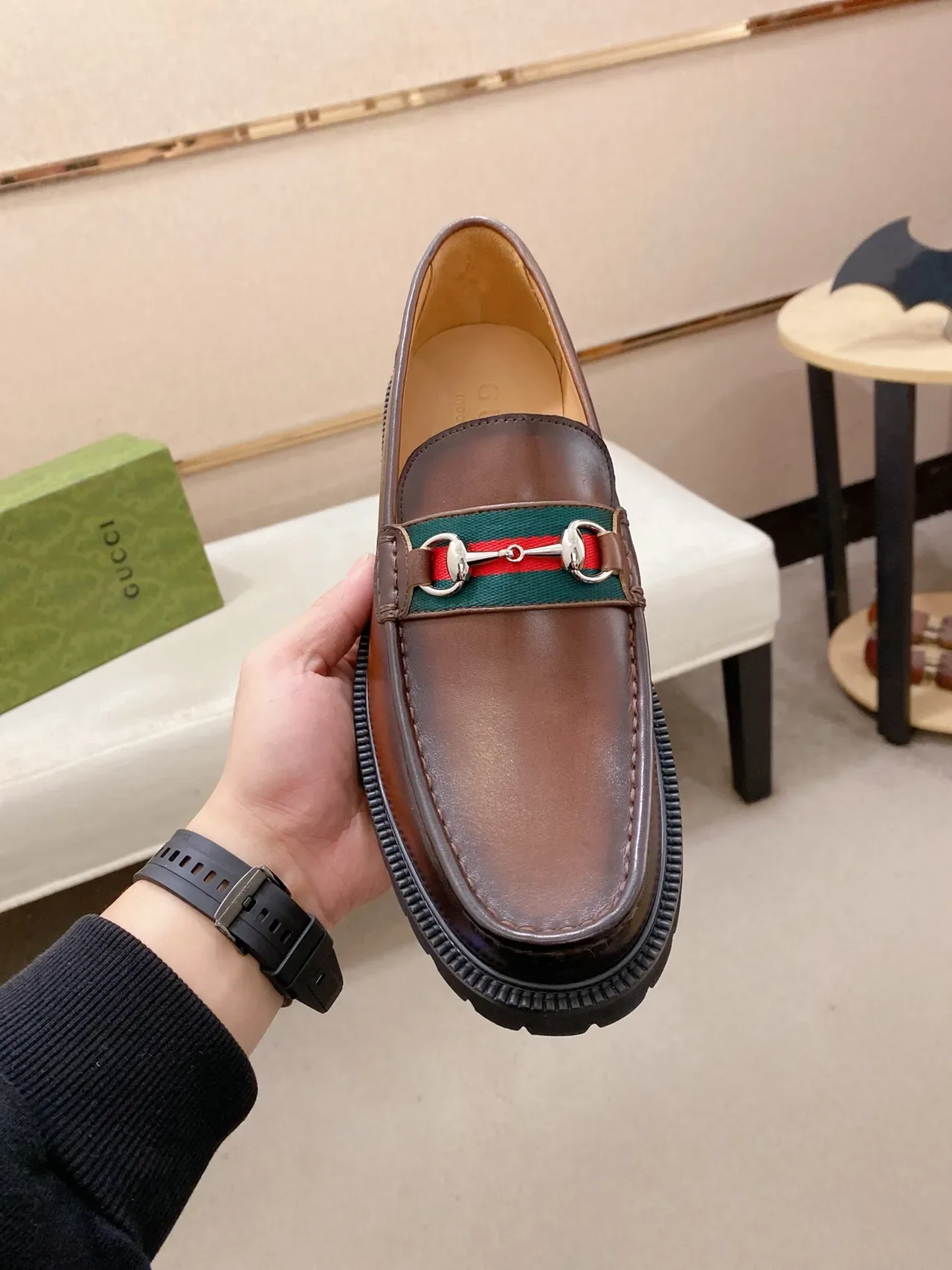 Gucci Horsebit 1955 Brown Black Polished Leather Web Stripe Accent Loafer 5