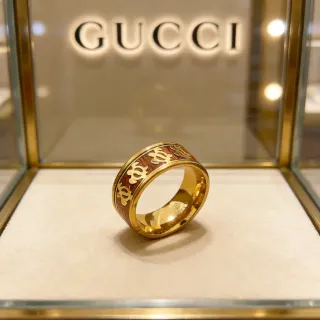 Gucci Interlocking G Motif Gold and Red-Brown Inlay Ring