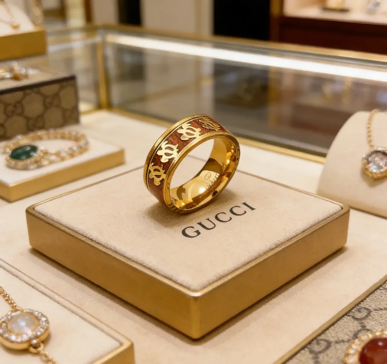 Bague Gucci Interlocking G Motif en or et incrustation rouge-marron 4