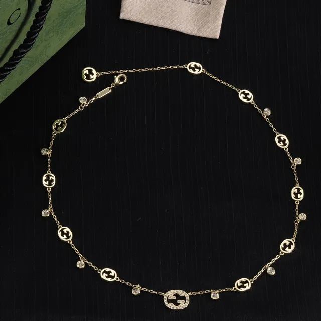 Gucci Interlocking G Pavé Crystal Gold Necklace 2