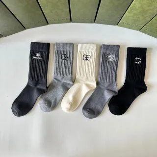 Gucci Logo-Embroidered Crew Black Gray Ribbed Knit Cuff Detail Socks