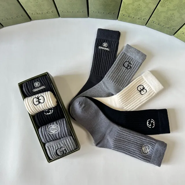 Gucci Logo-Embroidered Crew Black Gray Ribbed Knit Cuff Detail Socks 2