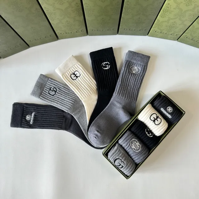 Gucci Logo-Embroidered Crew Black Gray Ribbed Knit Cuff Detail Socks 3