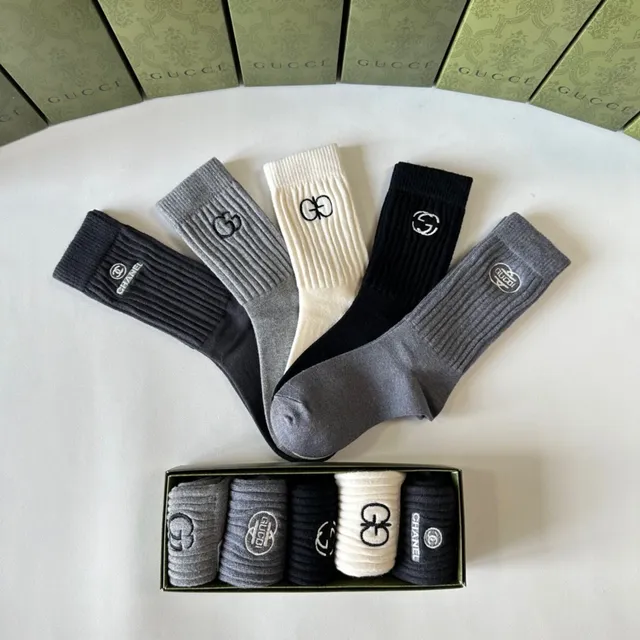 Gucci Logo-Embroidered Crew Black Gray Ribbed Knit Cuff Detail Socks 4