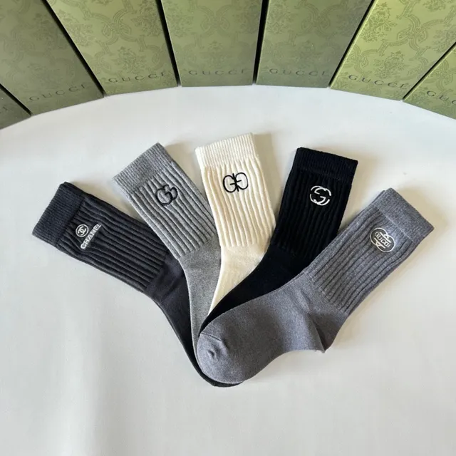 Gucci Logo-Embroidered Crew Black Gray Ribbed Knit Cuff Detail Socks 5