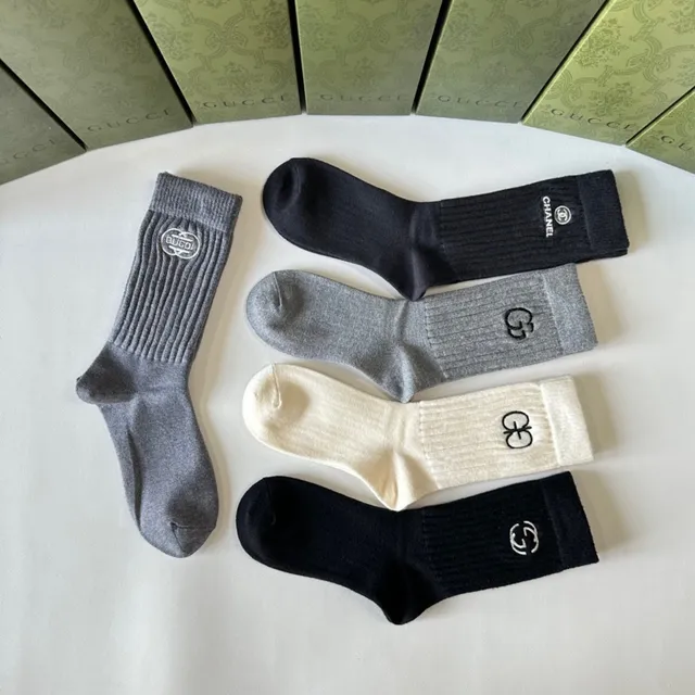 Gucci Logo-Embroidered Crew Black Gray Ribbed Knit Cuff Detail Socks 6