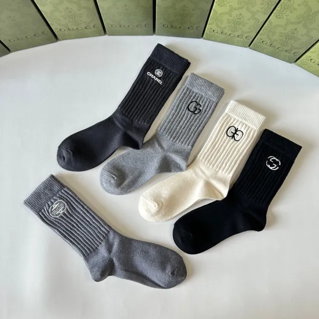 Gucci Logo-Embroidered Crew Black Gray Ribbed Knit Cuff Detail Socks 7