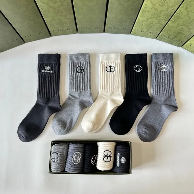 Gucci Logo-Embroidered Crew Black Gray Ribbed Knit Cuff Detail Socks 8