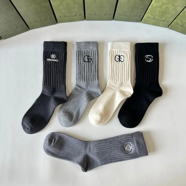 Gucci Logo-Embroidered Crew Black Gray Ribbed Knit Cuff Detail Socks 9