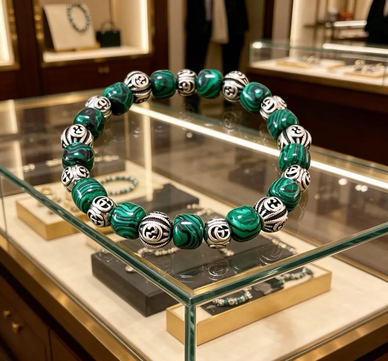 Gucci Malachite and Silver-Tone GG Bead Bracelet 2