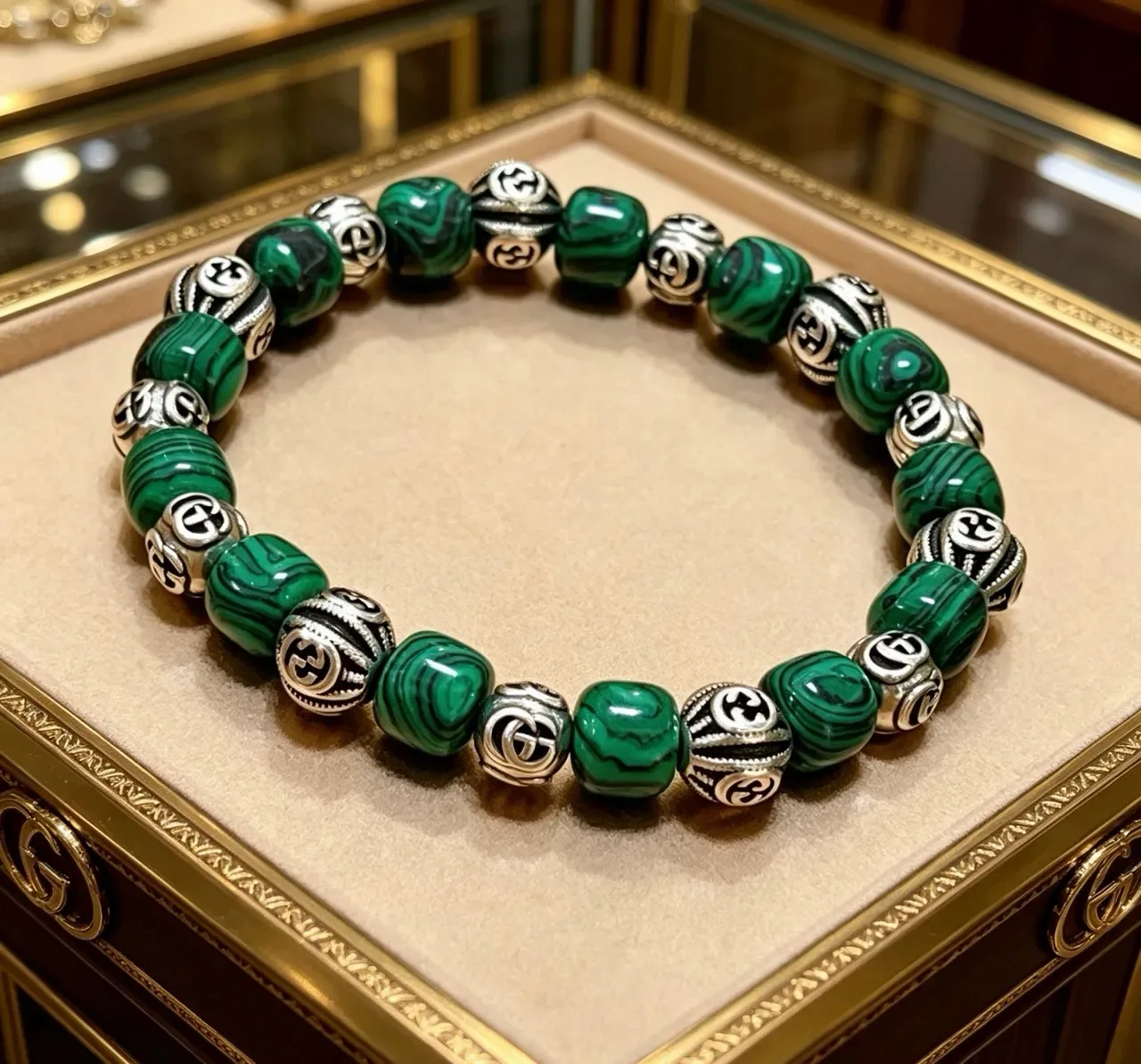 Gucci Malachite and Silver-Tone GG Bead Bracelet 4