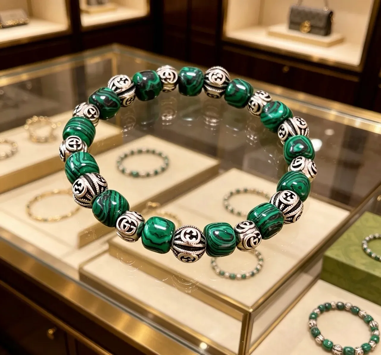 Gucci Malachite and Silver-Tone GG Bead Bracelet 7