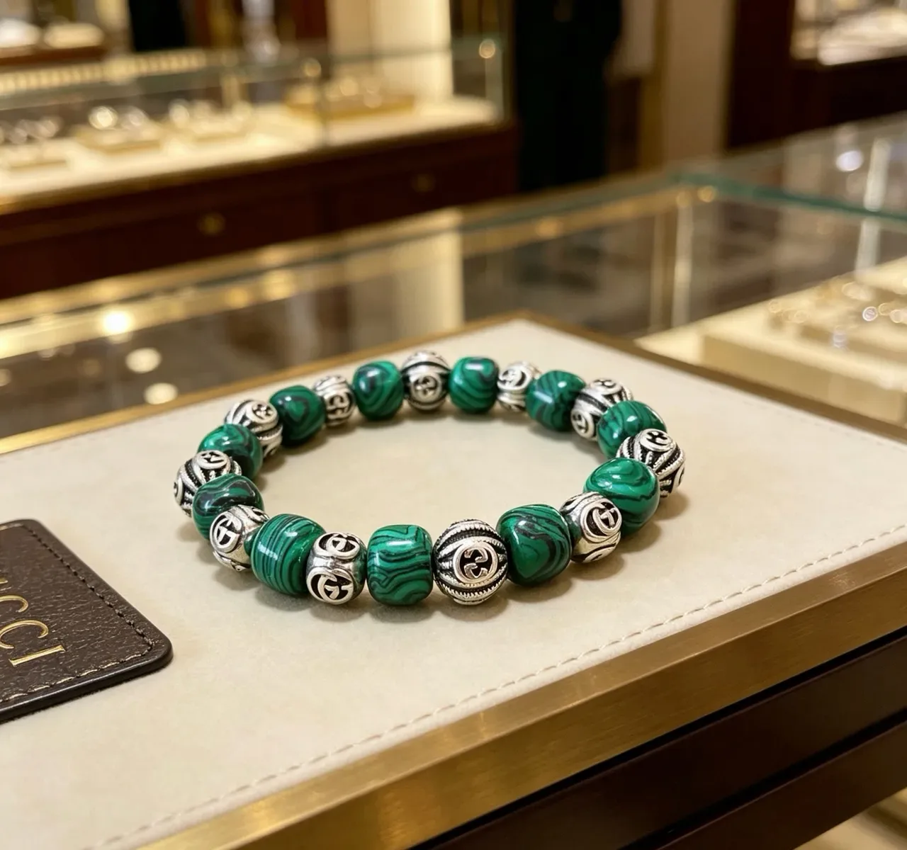 Gucci Malachite and Silver-Tone GG Bead Bracelet 9