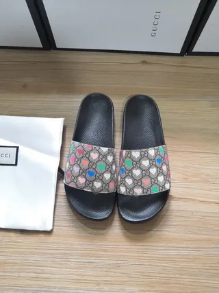 Gucci Marmont Cœur Slide Noir Multicolore GG Supreme Canvas Strap Print Mules 4