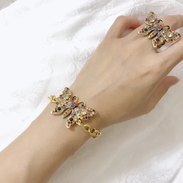 Gucci Multicolor Crystal Butterfly Charm Gold-Tone Chain Bracelet 3