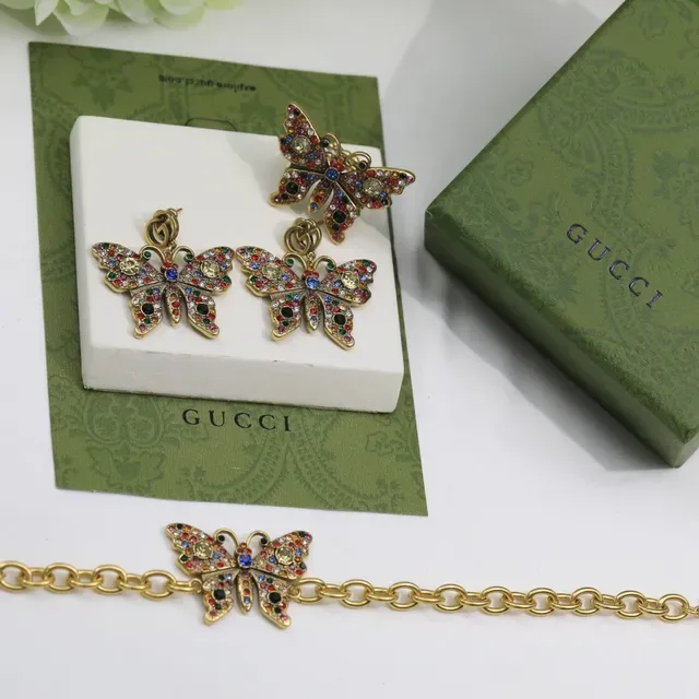 Gucci Multicolor Crystal Butterfly Charm Gold-Tone Chain Bracelet 5