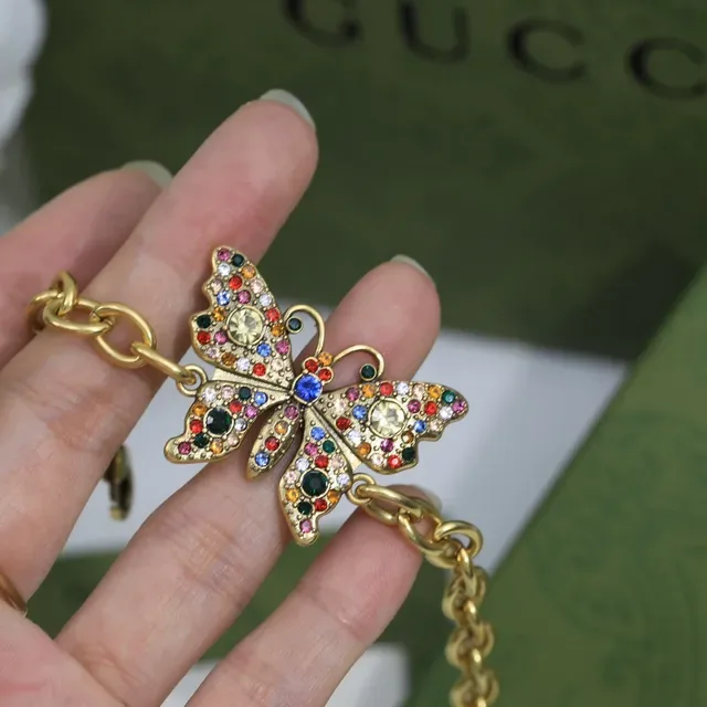 Gucci Multicolor Crystal Butterfly Charm Gold-Tone Chain Bracelet 6