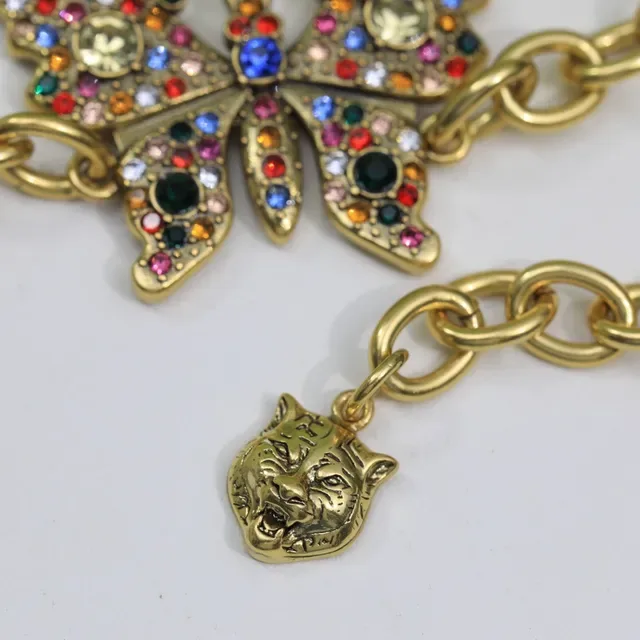 Gucci Multicolor Crystal Butterfly Charm Gold-Tone Chain Bracelet 7